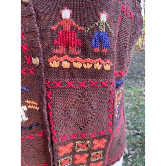 Sweater Vest With Folk Art Embroidery Size Large Brown Ramie/Cotton Blend V-Neck - Picture 13 of 15
